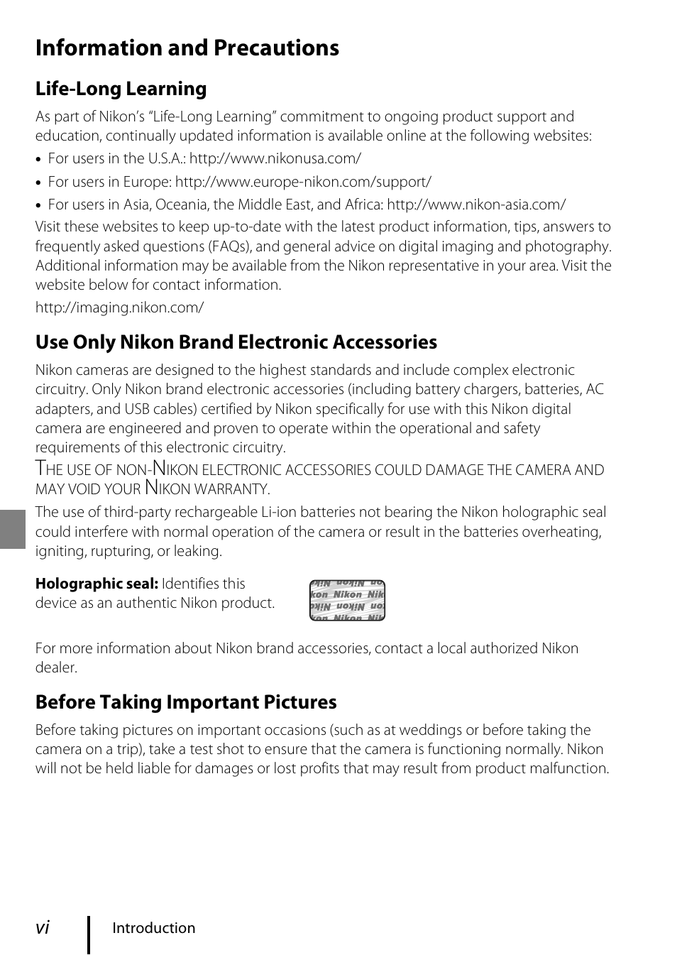 Information and precautions, Life-long learning, Use only nikon brand electronic accessories | Before taking important pictures | Nikon KeyMission 170 User Manual | Page 6 / 48