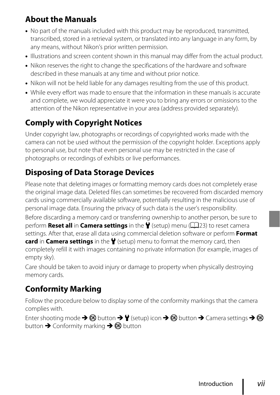 About the manuals, Comply with copyright notices, Disposing of data storage devices | Conformity marking | Nikon KeyMission 170 User Manual | Page 7 / 48