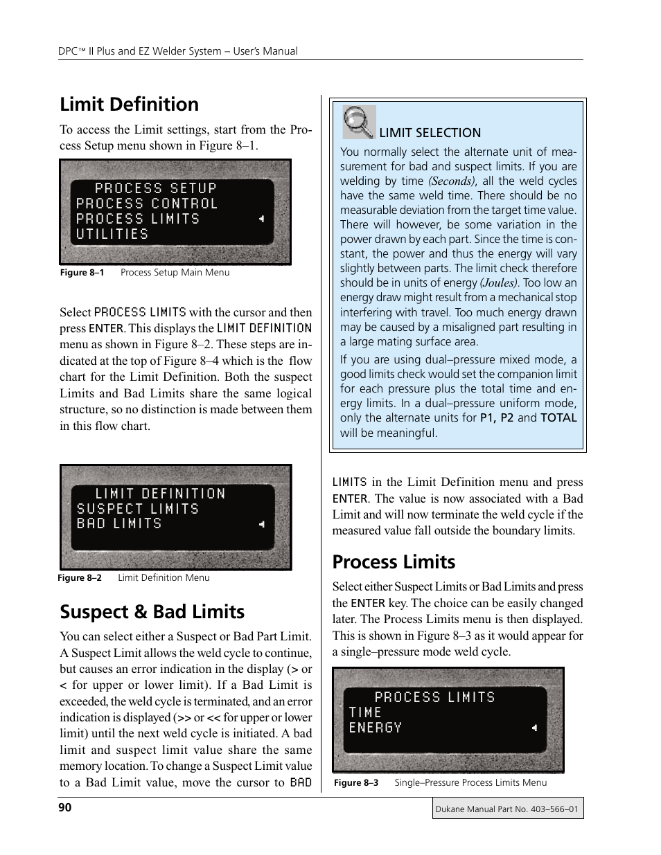 Process limits, Limit definition, Suspect & bad limits | Limits | Dukane DPC II Plus 9001:2000 User Manual | Page 100 / 190