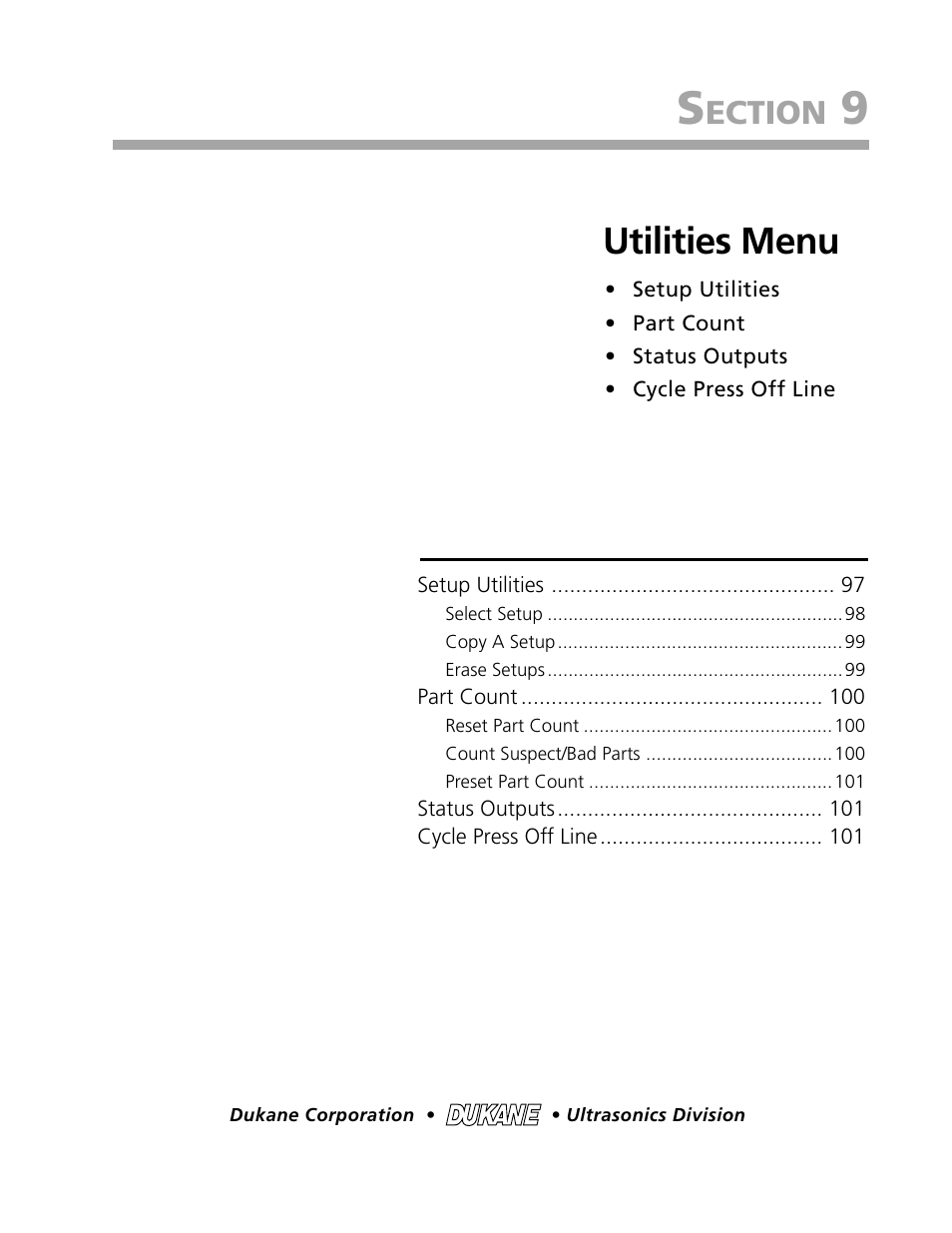 Utilities menu, Ection | Dukane DPC II Plus 9001:2000 User Manual | Page 105 / 190