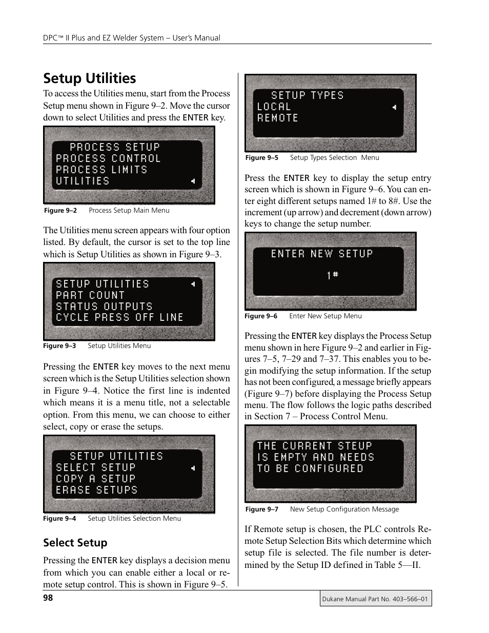 Setup types local remote, Enter new setup 1, Setup utilities | Dukane DPC II Plus 9001:2000 User Manual | Page 108 / 190