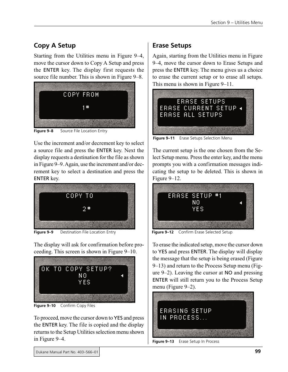 Copy from 1, Copy to 2, Erase setups erase current setup erase all setups | Erase setup #1 no yes, Erasing setup in process | Dukane DPC II Plus 9001:2000 User Manual | Page 109 / 190