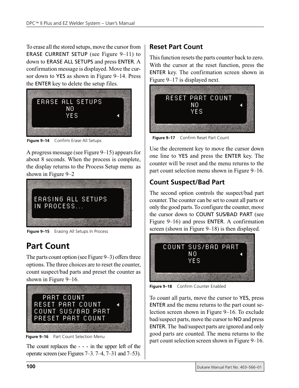 Erase all setups no yes, Erasing all setups in process, Reset part count no yes | Count sus/bad part no yes, Part count | Dukane DPC II Plus 9001:2000 User Manual | Page 110 / 190