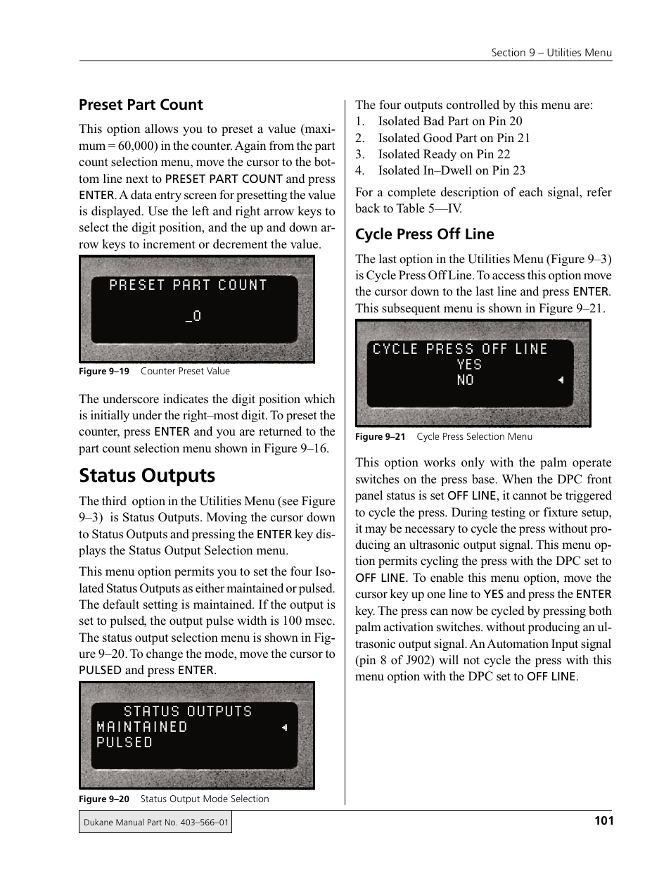 Preset part count _0, Status outputs maintained pulsed, Cycle press off line yes no | Status outputs | Dukane DPC II Plus 9001:2000 User Manual | Page 111 / 190