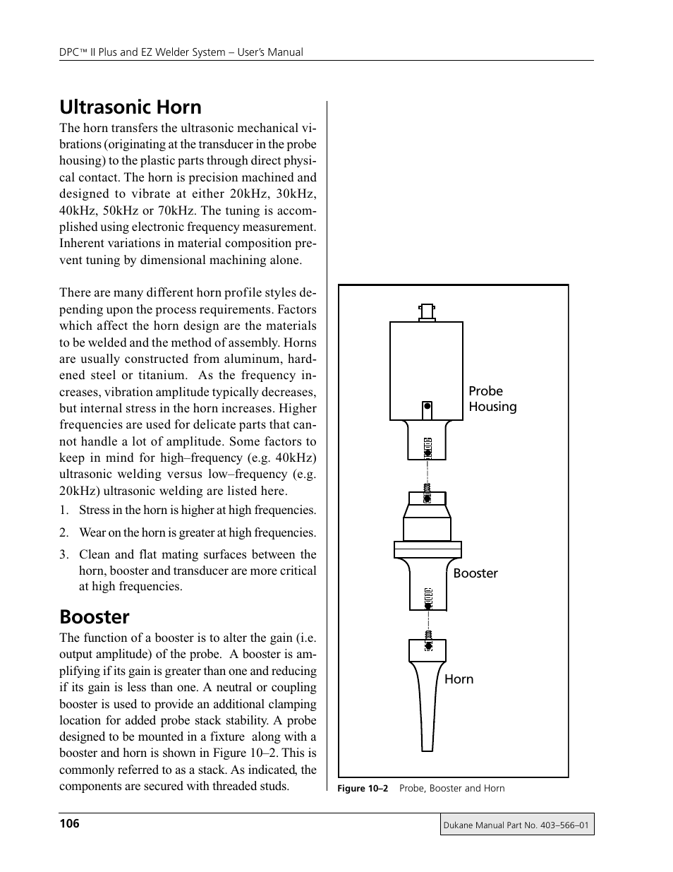 Ultrasonic horn, Booster | Dukane DPC II Plus 9001:2000 User Manual | Page 116 / 190