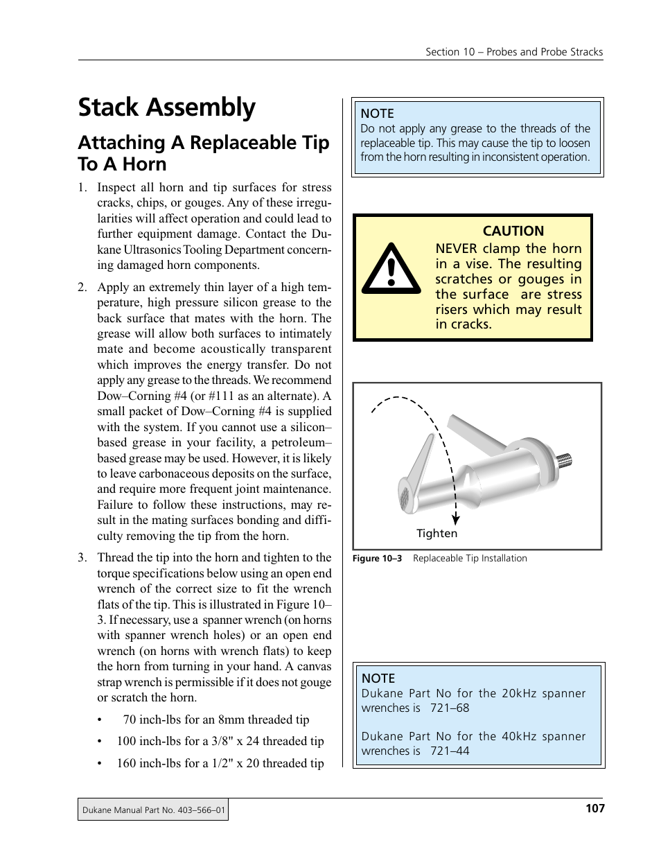 Stack assembly, Attaching a replaceable tip to a horn | Dukane DPC II Plus 9001:2000 User Manual | Page 117 / 190