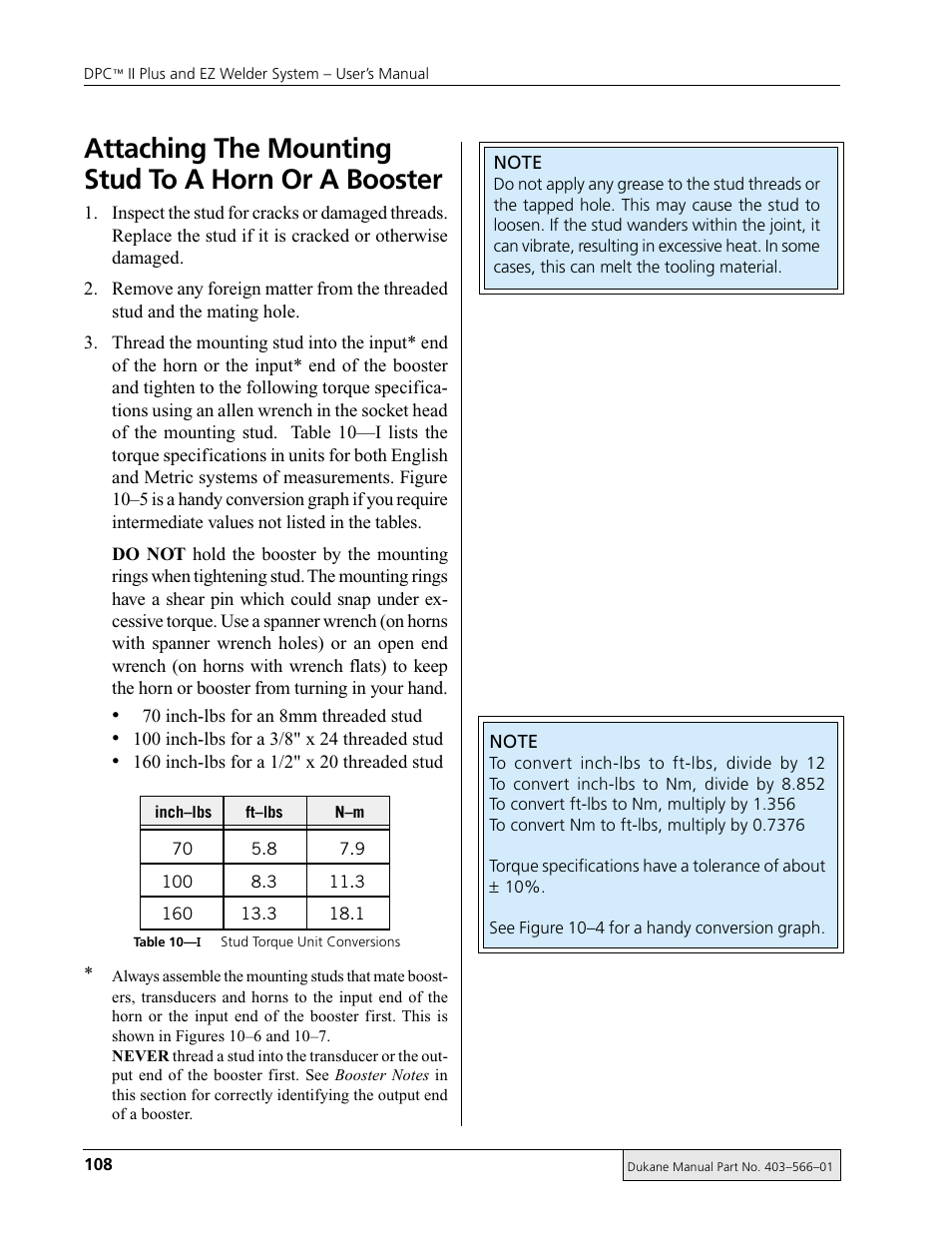 Attaching the mounting stud to a horn or a booster | Dukane DPC II Plus 9001:2000 User Manual | Page 118 / 190