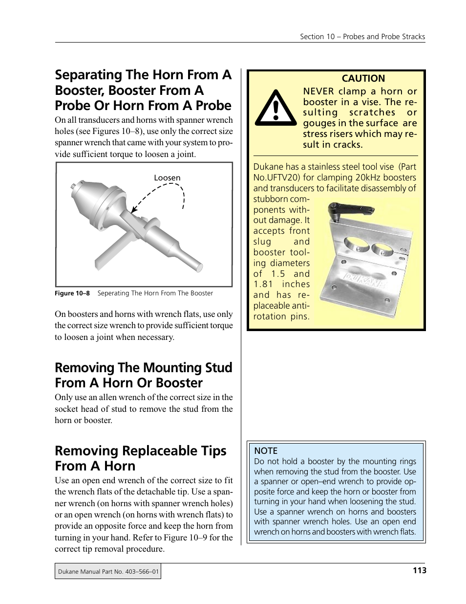 Removing the mounting stud from a horn or booster, Removing replaceable tips from a horn | Dukane DPC II Plus 9001:2000 User Manual | Page 123 / 190