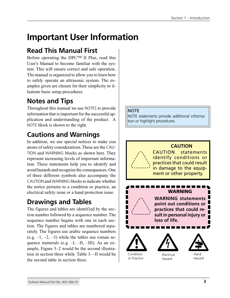 Important user information, Read this manual first, Cautions and warnings | Drawings and tables | Dukane DPC II Plus 9001:2000 User Manual | Page 13 / 190