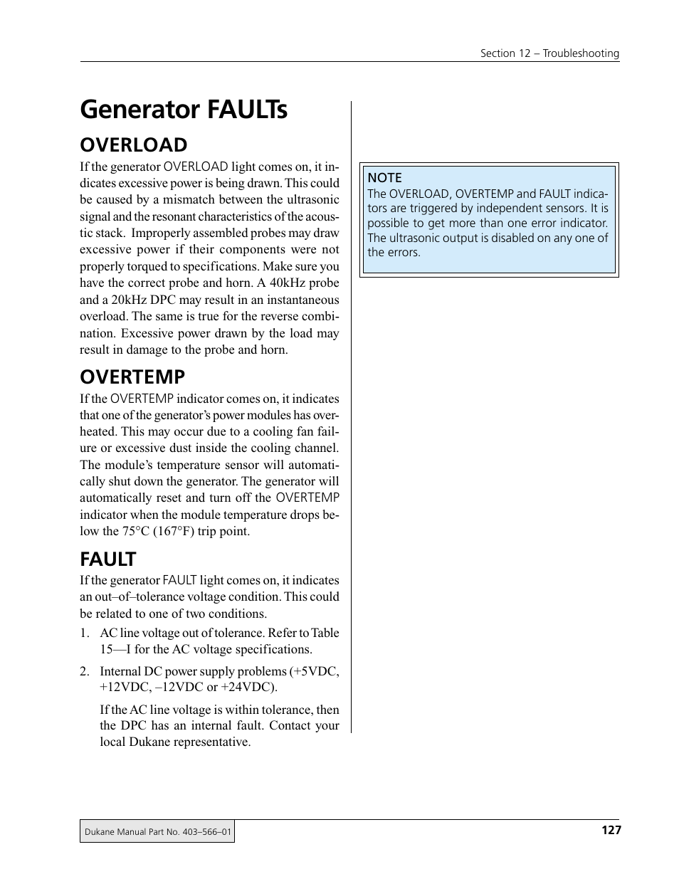 Generator faults, Overload, Overtemp | Fault | Dukane DPC II Plus 9001:2000 User Manual | Page 137 / 190