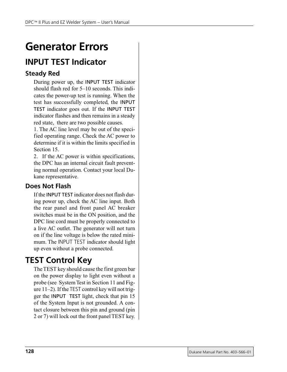 Generator errors, Input test indicator, Test control key | Dukane DPC II Plus 9001:2000 User Manual | Page 138 / 190