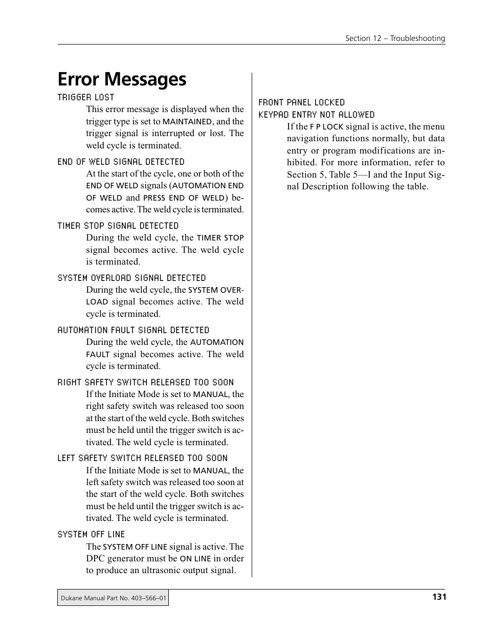 Error messages, Trigger lost, End of weld signal detected | Timer stop signal detected, System overload signal detected, Automation fault signal detected, Right safety switch released too soon, Left safety switch released too soon, System off line, Front panel locked keypad entry not allowed | Dukane DPC II Plus 9001:2000 User Manual | Page 141 / 190