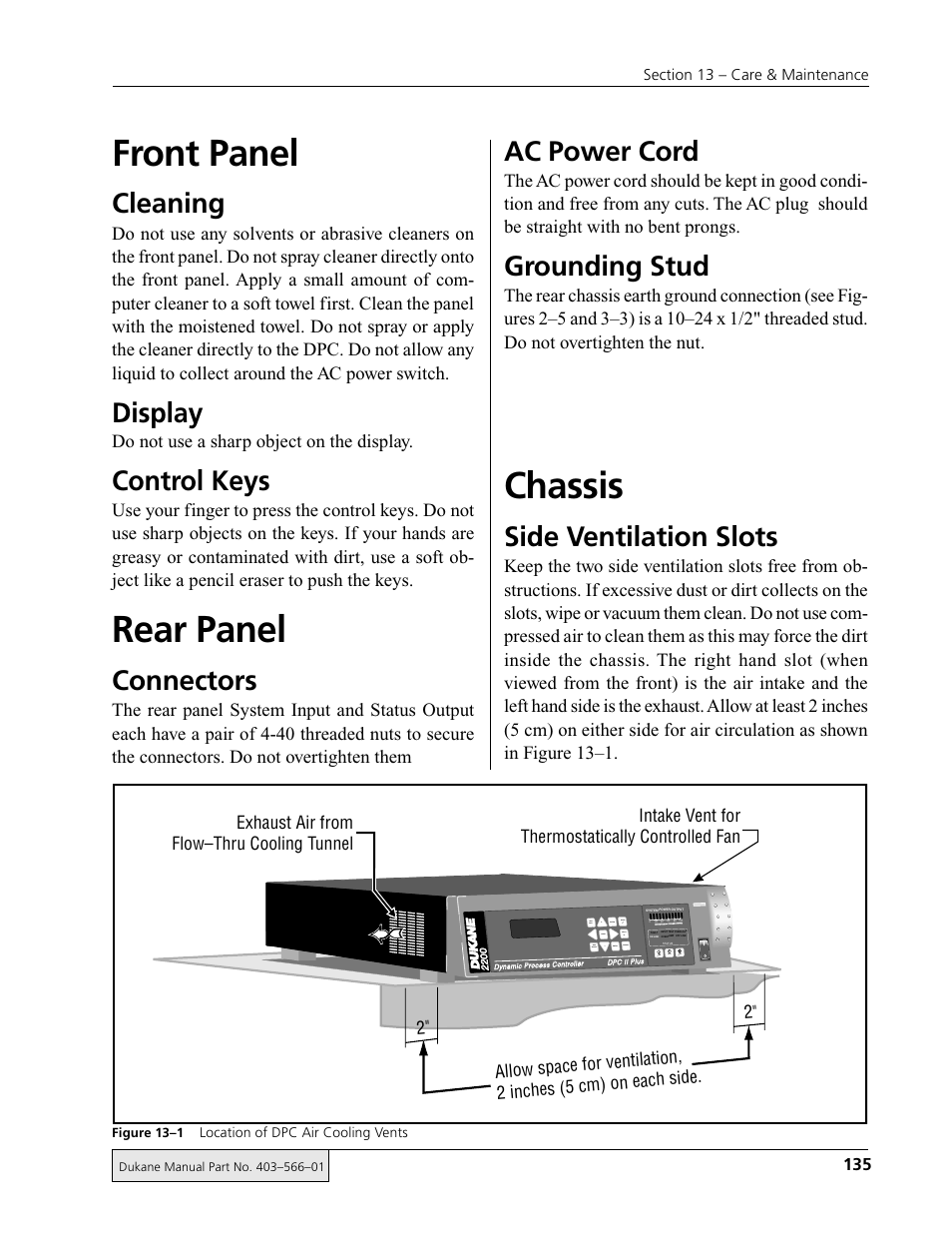 Front panel, Rear panel, Chassis | Cleaning, Display, Control keys, Connectors, Ac power cord, Grounding stud, Side ventilation slots | Dukane DPC II Plus 9001:2000 User Manual | Page 145 / 190