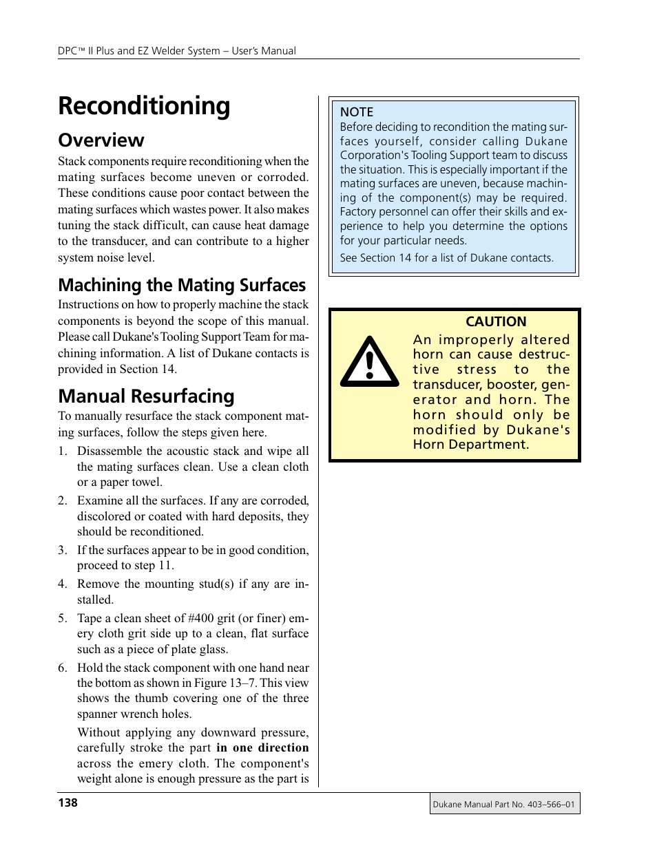 Reconditioning, Overview, Manual resurfacing | Machining the mating surfaces | Dukane DPC II Plus 9001:2000 User Manual | Page 148 / 190