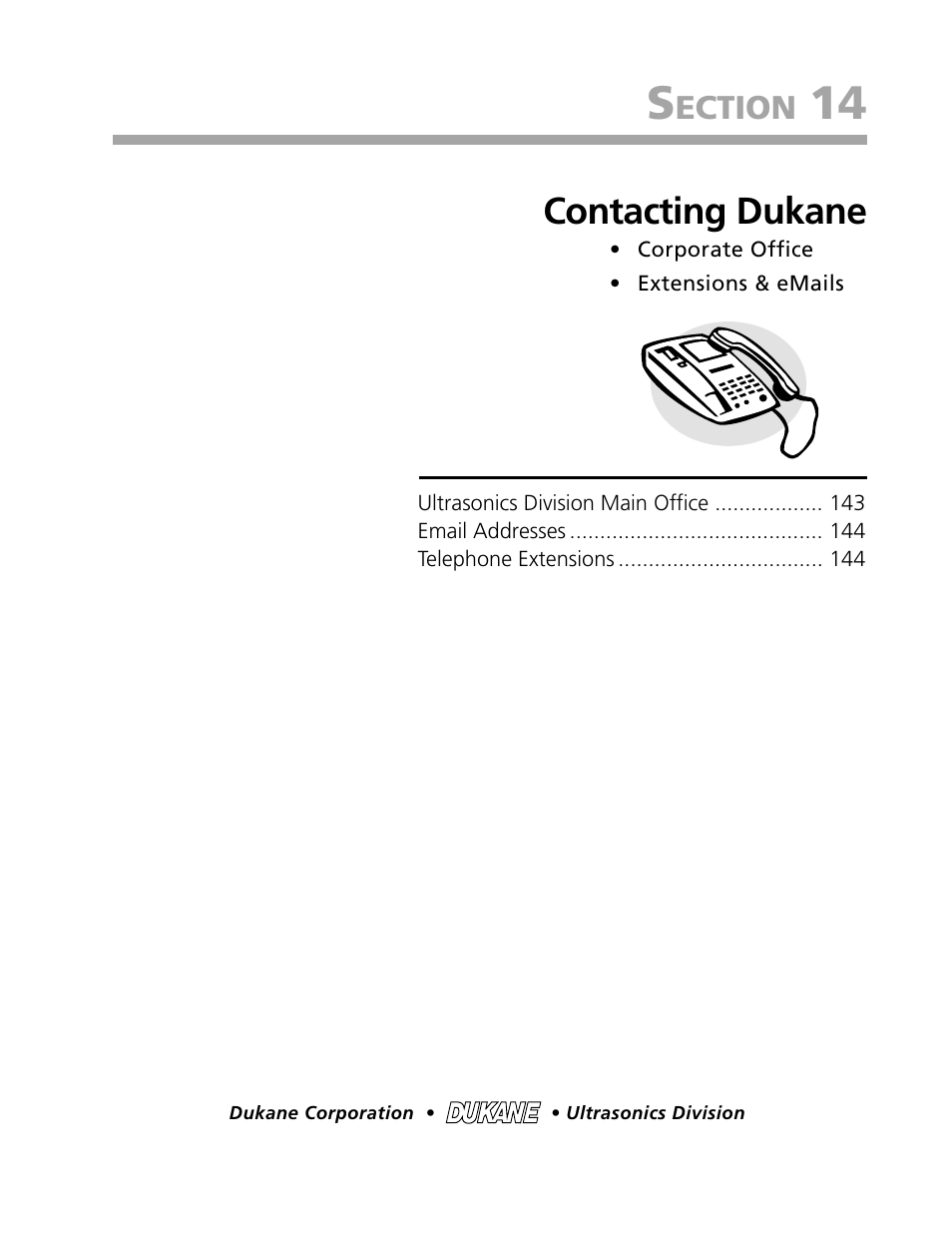 Contacting dukane, Ection | Dukane DPC II Plus 9001:2000 User Manual | Page 151 / 190