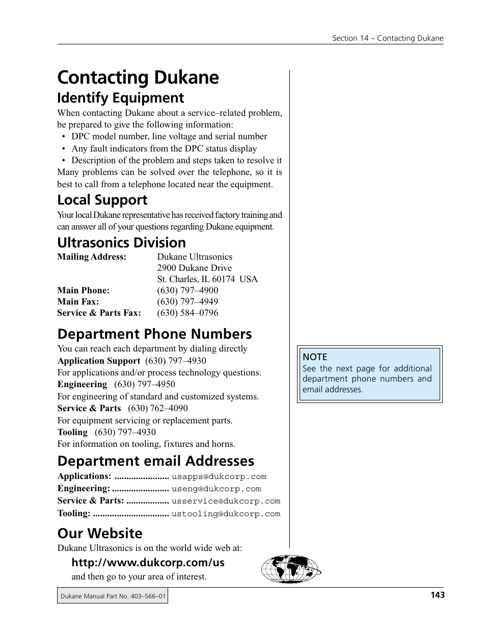 Contacting dukane, Department phone numbers, Department email addresses | Our website, Identify equipment, Local support, Ultrasonics division | Dukane DPC II Plus 9001:2000 User Manual | Page 153 / 190