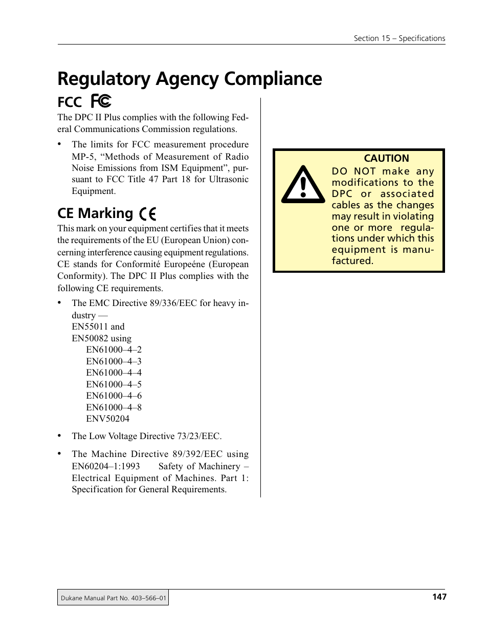 Regulatory agency compliance, Ce marking | Dukane DPC II Plus 9001:2000 User Manual | Page 157 / 190