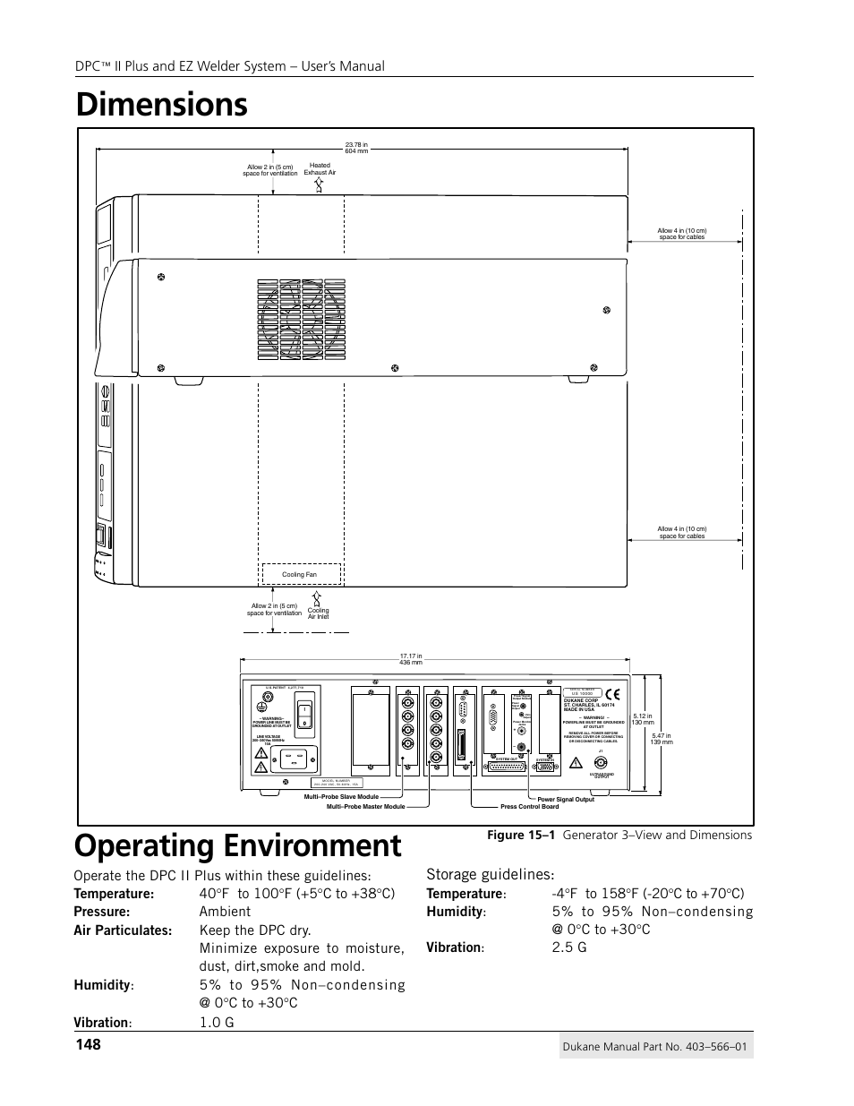 Dimensions, Operating environment, Storage guidelines | Ii plus and ez welder system – user’s manual, Figure 15–1 generator 3–view and dimensions | Dukane DPC II Plus 9001:2000 User Manual | Page 158 / 190