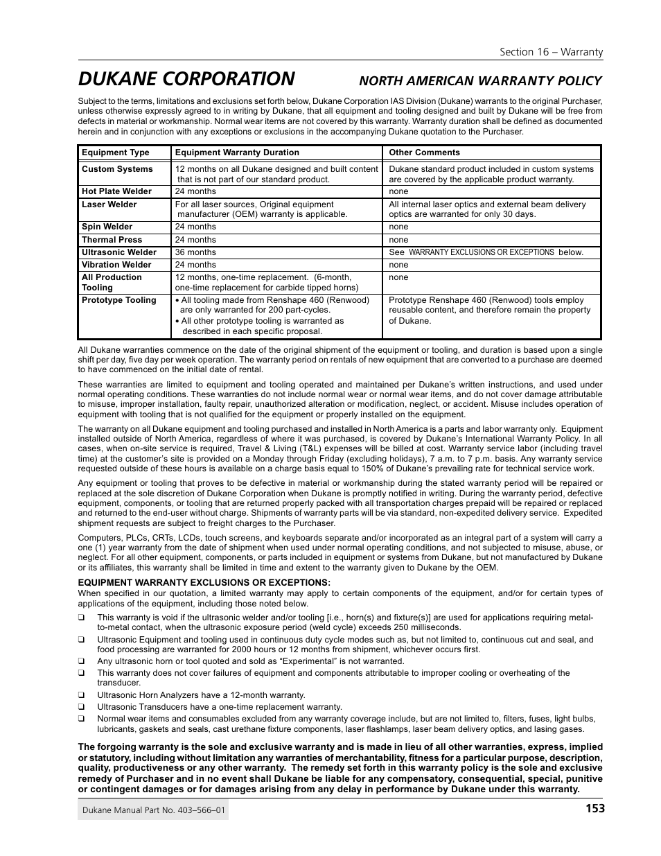 Dukane corporation, North american warranty policy | Dukane DPC II Plus 9001:2000 User Manual | Page 163 / 190