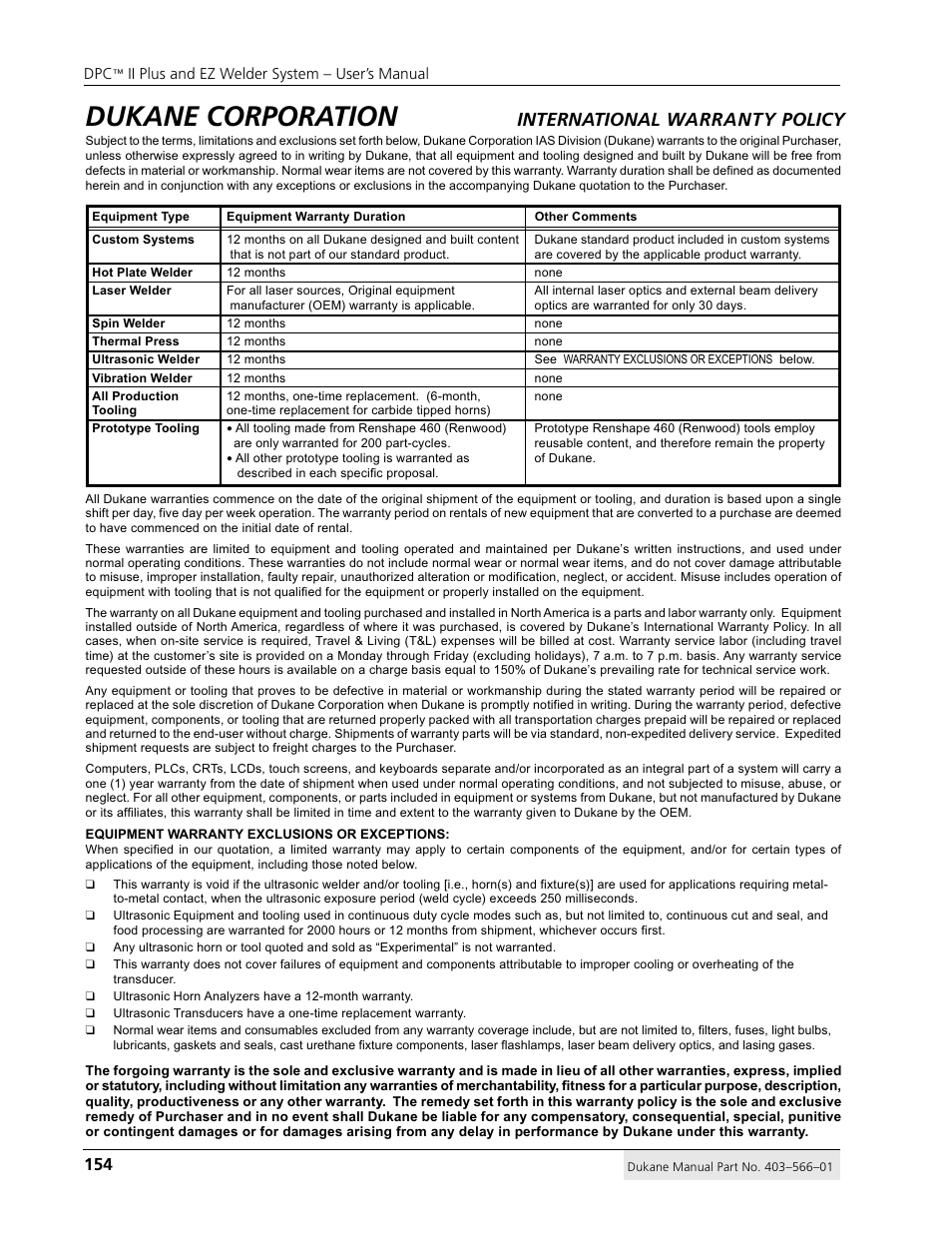 Dukane corporation, International warranty policy | Dukane DPC II Plus 9001:2000 User Manual | Page 164 / 190