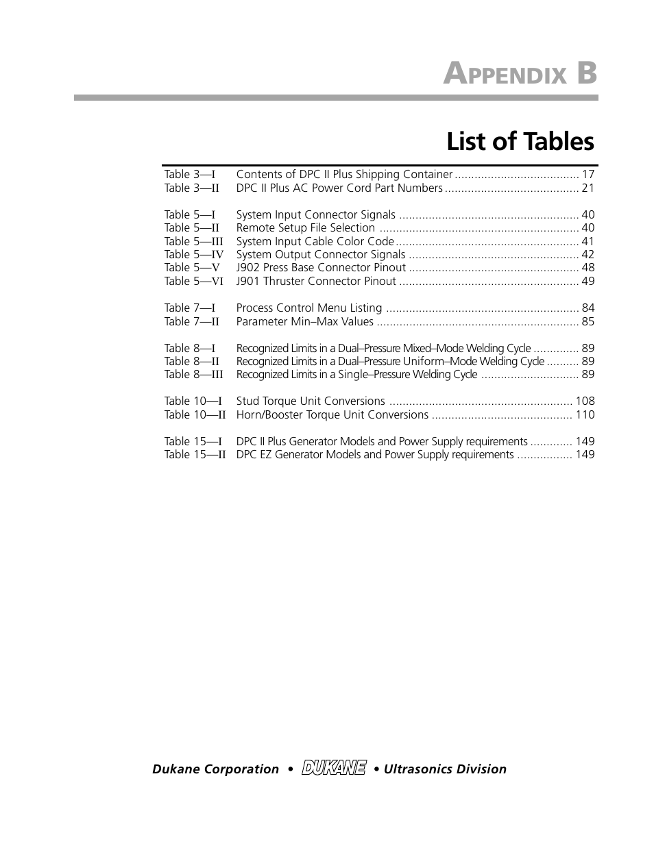 List of tables, Ppendix | Dukane DPC II Plus 9001:2000 User Manual | Page 169 / 190