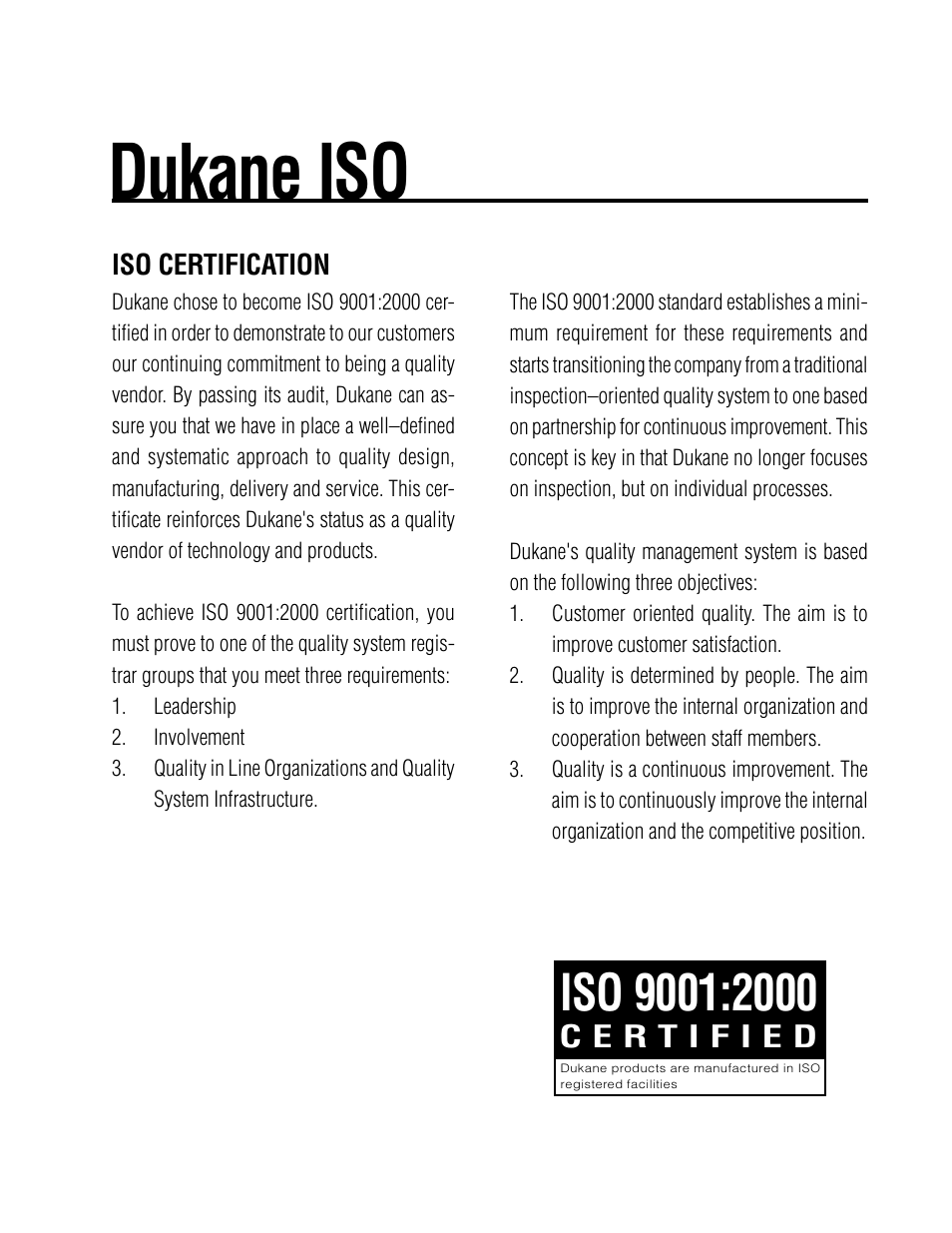 Dukane iso, Iso certification | Dukane DPC II Plus 9001:2000 User Manual | Page 189 / 190