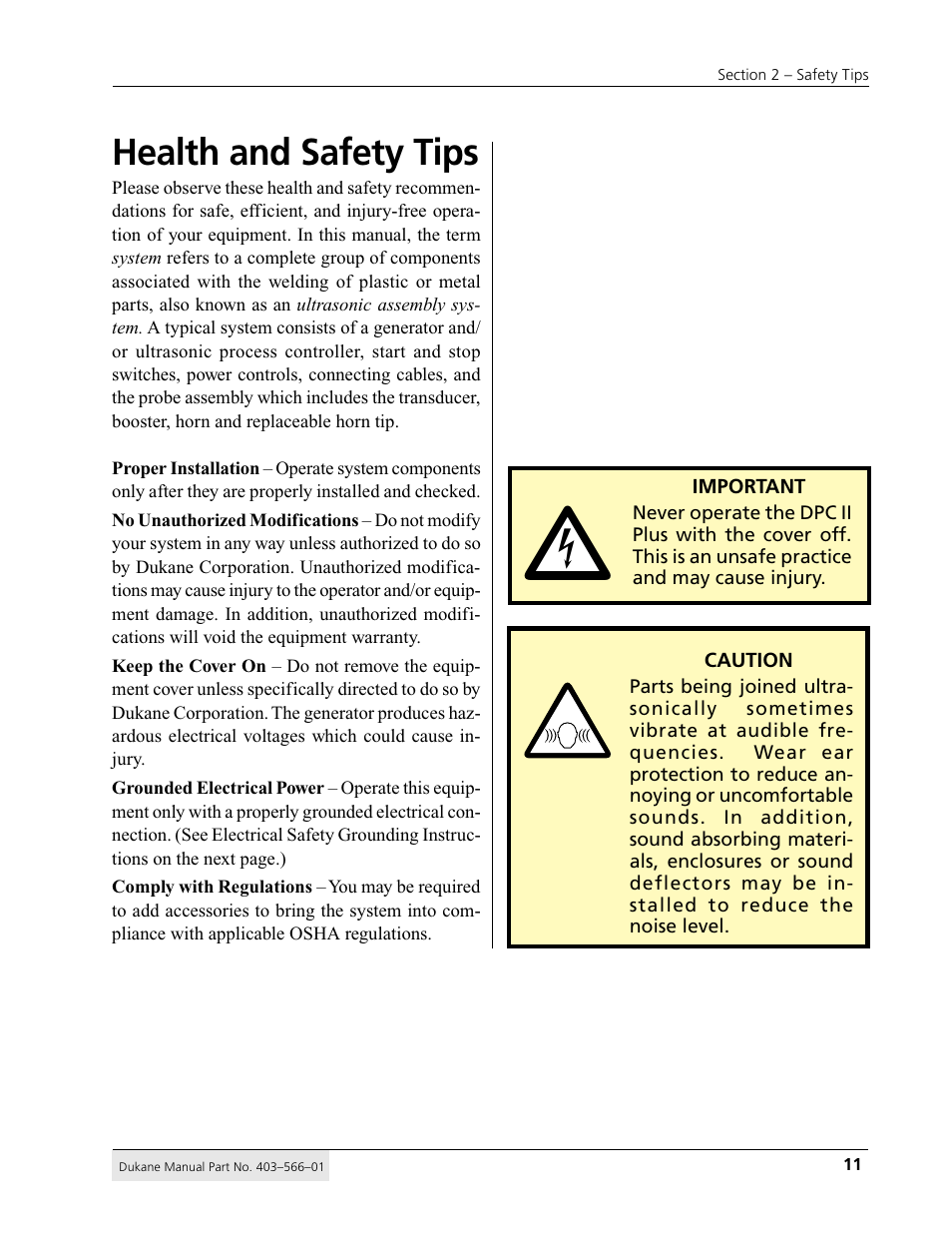 Health and safety tips | Dukane DPC II Plus 9001:2000 User Manual | Page 21 / 190