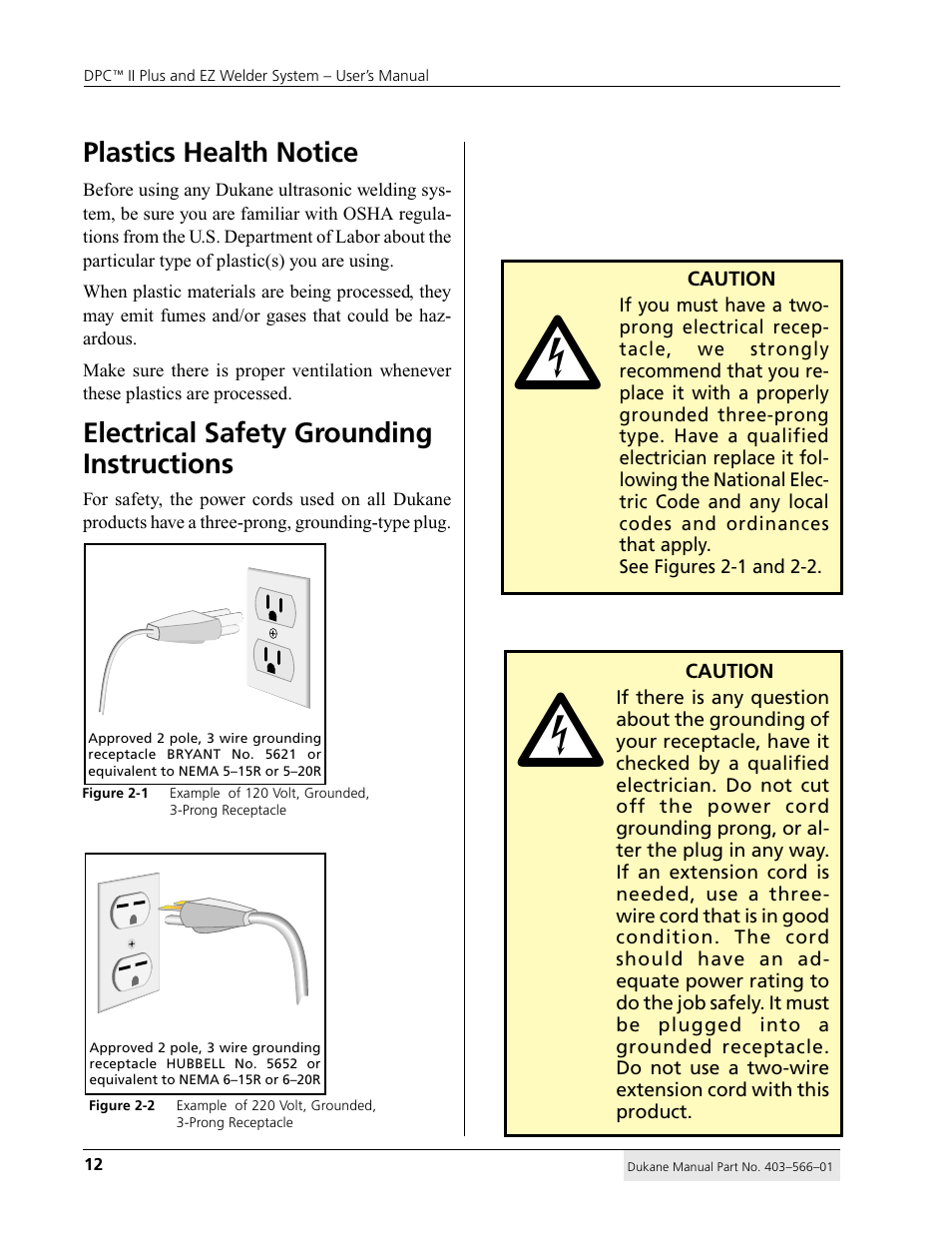 Plastics health notice, Electrical safety grounding instructions | Dukane DPC II Plus 9001:2000 User Manual | Page 22 / 190