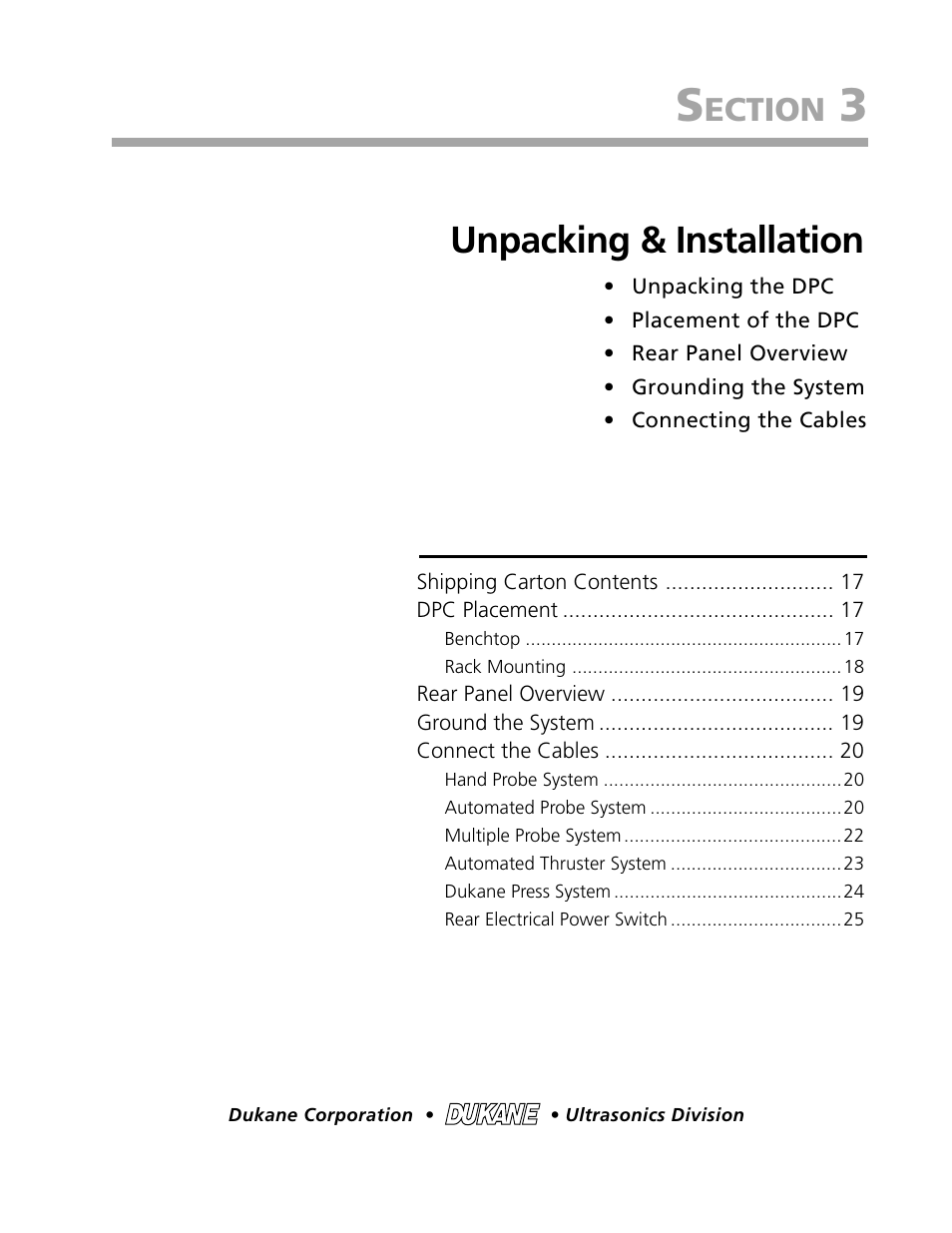 Unpacking & installation, Ection | Dukane DPC II Plus 9001:2000 User Manual | Page 25 / 190