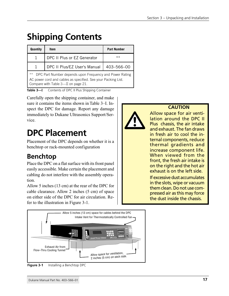Shipping contents, Dpc placement, Benchtop | Caution | Dukane DPC II Plus 9001:2000 User Manual | Page 27 / 190