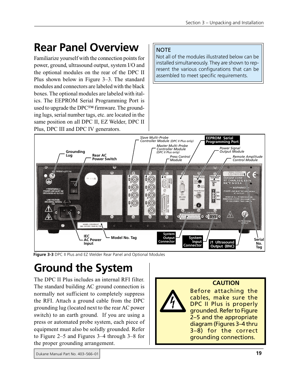 Rear panel overview, Ground the system, Caution | Dukane DPC II Plus 9001:2000 User Manual | Page 29 / 190