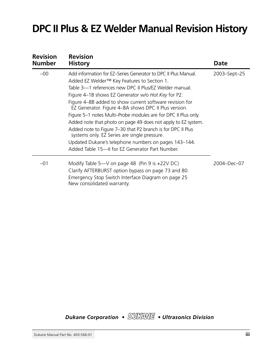 Dpc ii plus & ez welder manual revision history | Dukane DPC II Plus 9001:2000 User Manual | Page 3 / 190