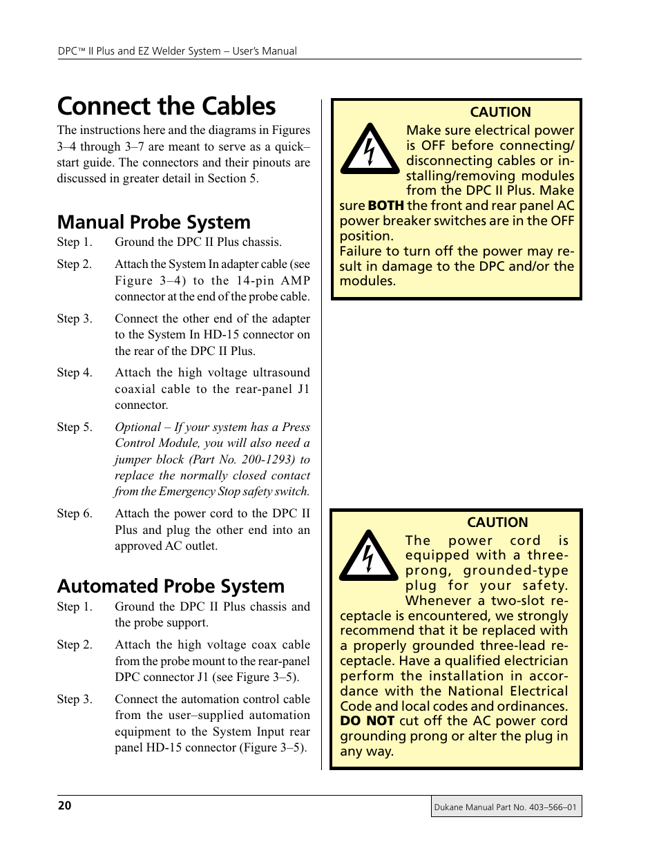 Connect the cables, Manual probe system, Automated probe system | Dukane DPC II Plus 9001:2000 User Manual | Page 30 / 190