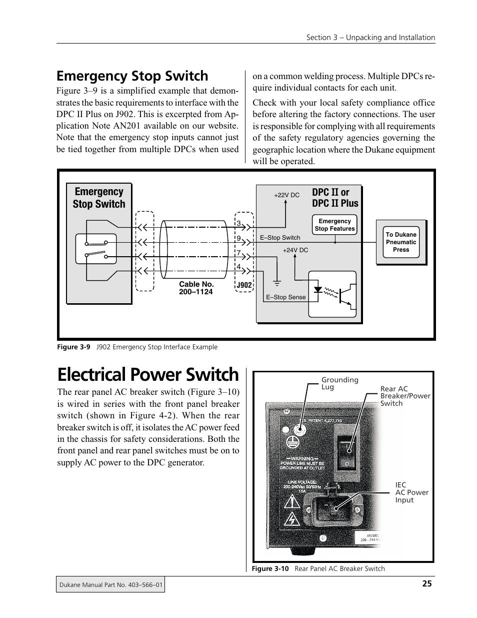 Electrical power switch, Emergency stop switch, Dpc ii or dpc ii plus | Dukane DPC II Plus 9001:2000 User Manual | Page 35 / 190