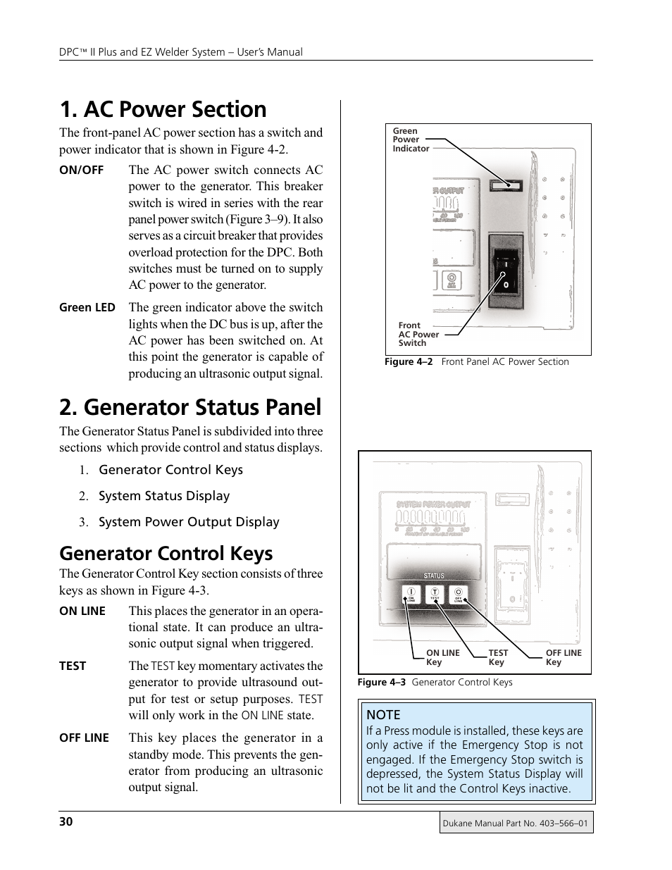 Generator status panel, Generator control keys | Dukane DPC II Plus 9001:2000 User Manual | Page 40 / 190