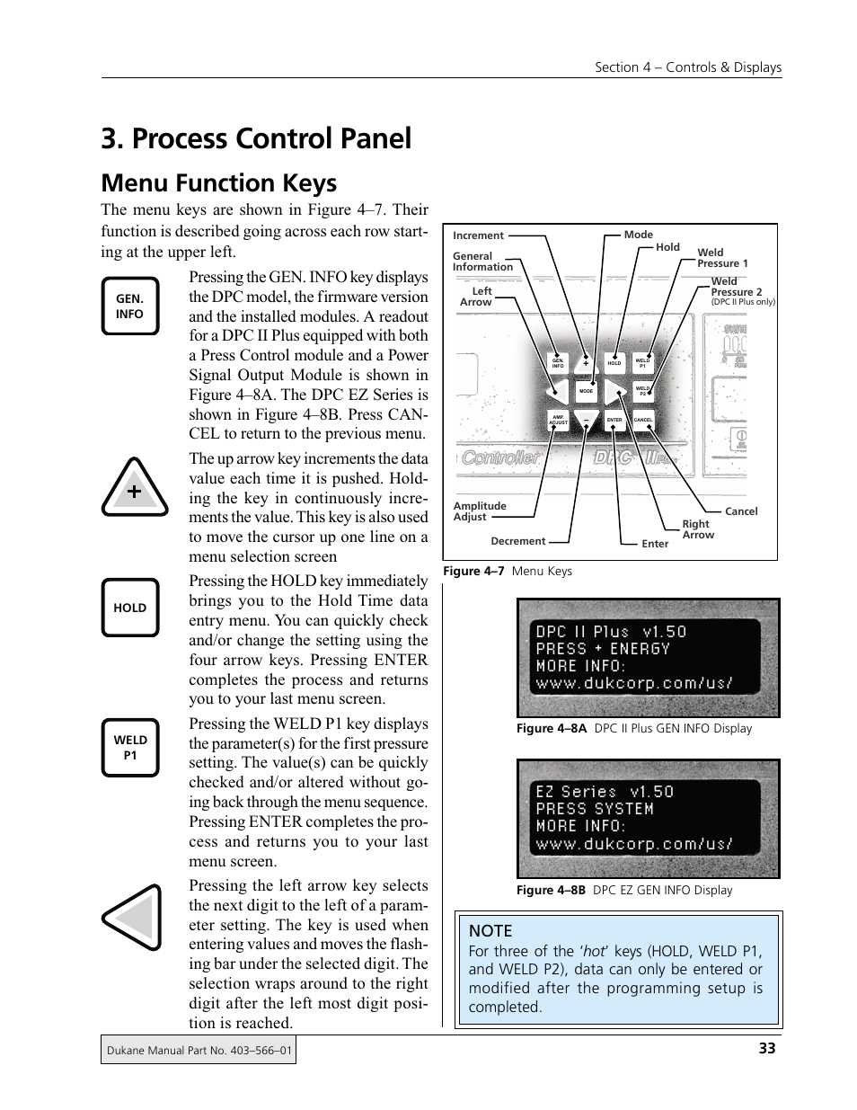 Process control panel, Menu function keys | Dukane DPC II Plus 9001:2000 User Manual | Page 43 / 190