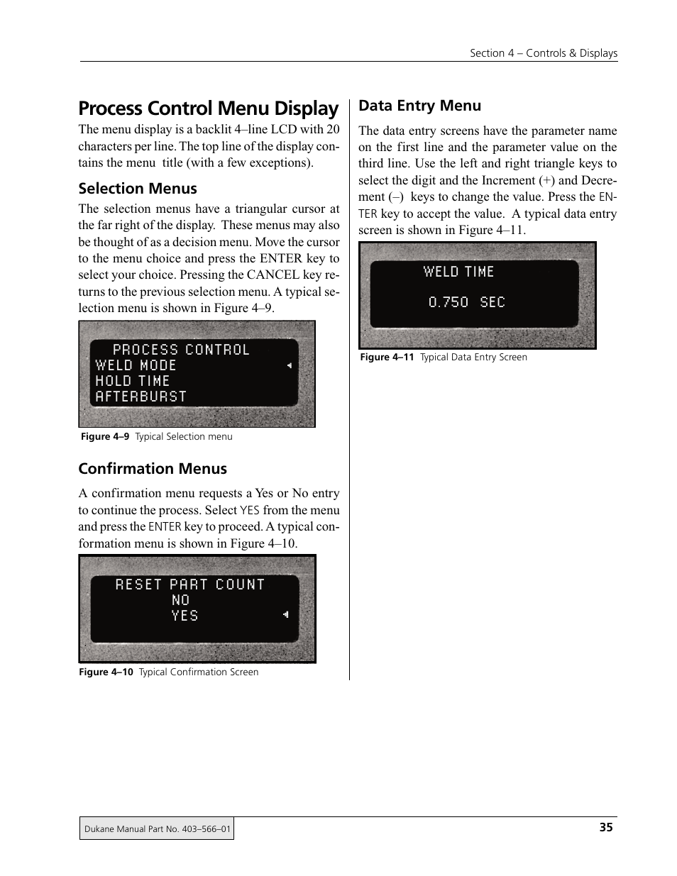 Process control weld mode hold time afterburst, Reset part count no yes, Weld time 0.750 sec | Process control menu display | Dukane DPC II Plus 9001:2000 User Manual | Page 45 / 190