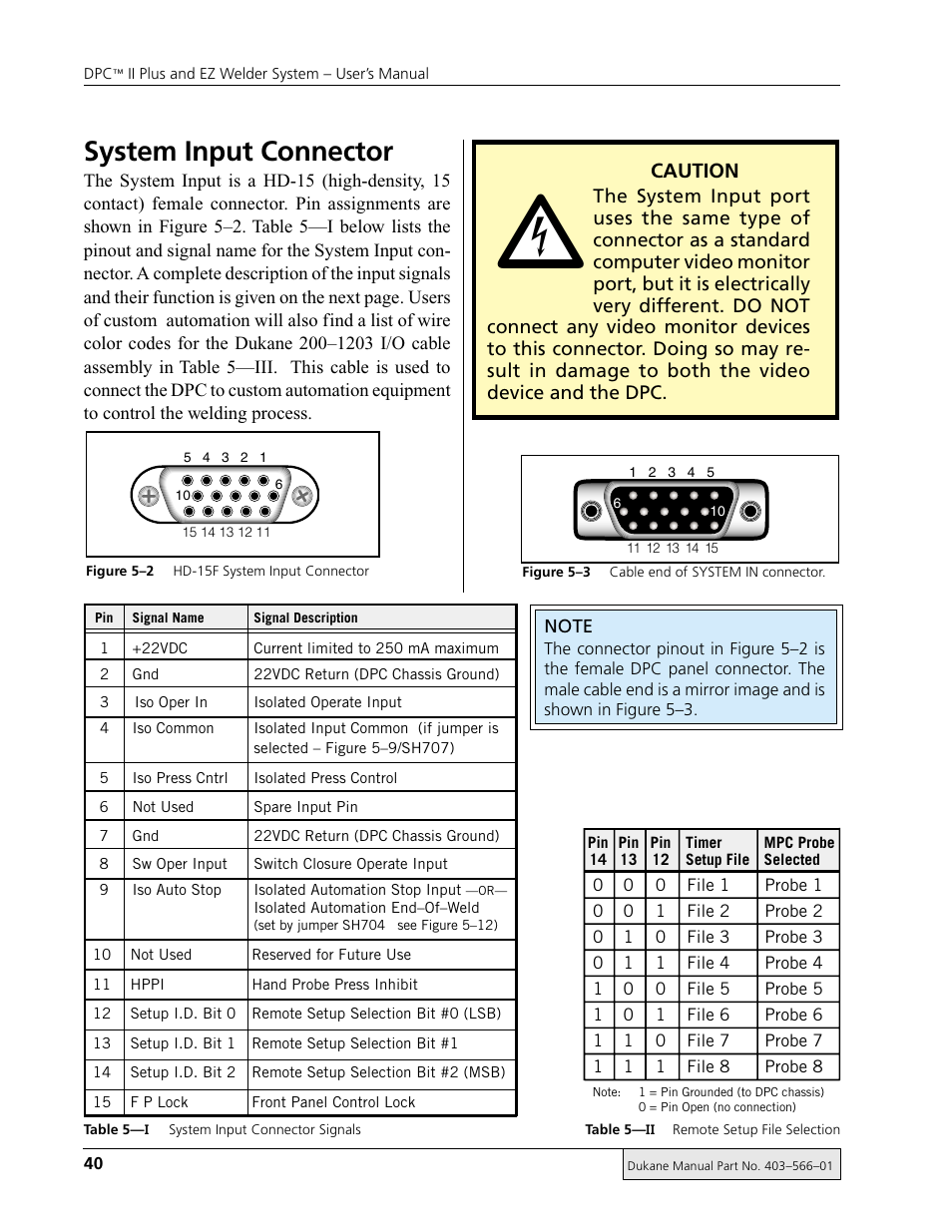 System input connector, Caution | Dukane DPC II Plus 9001:2000 User Manual | Page 50 / 190