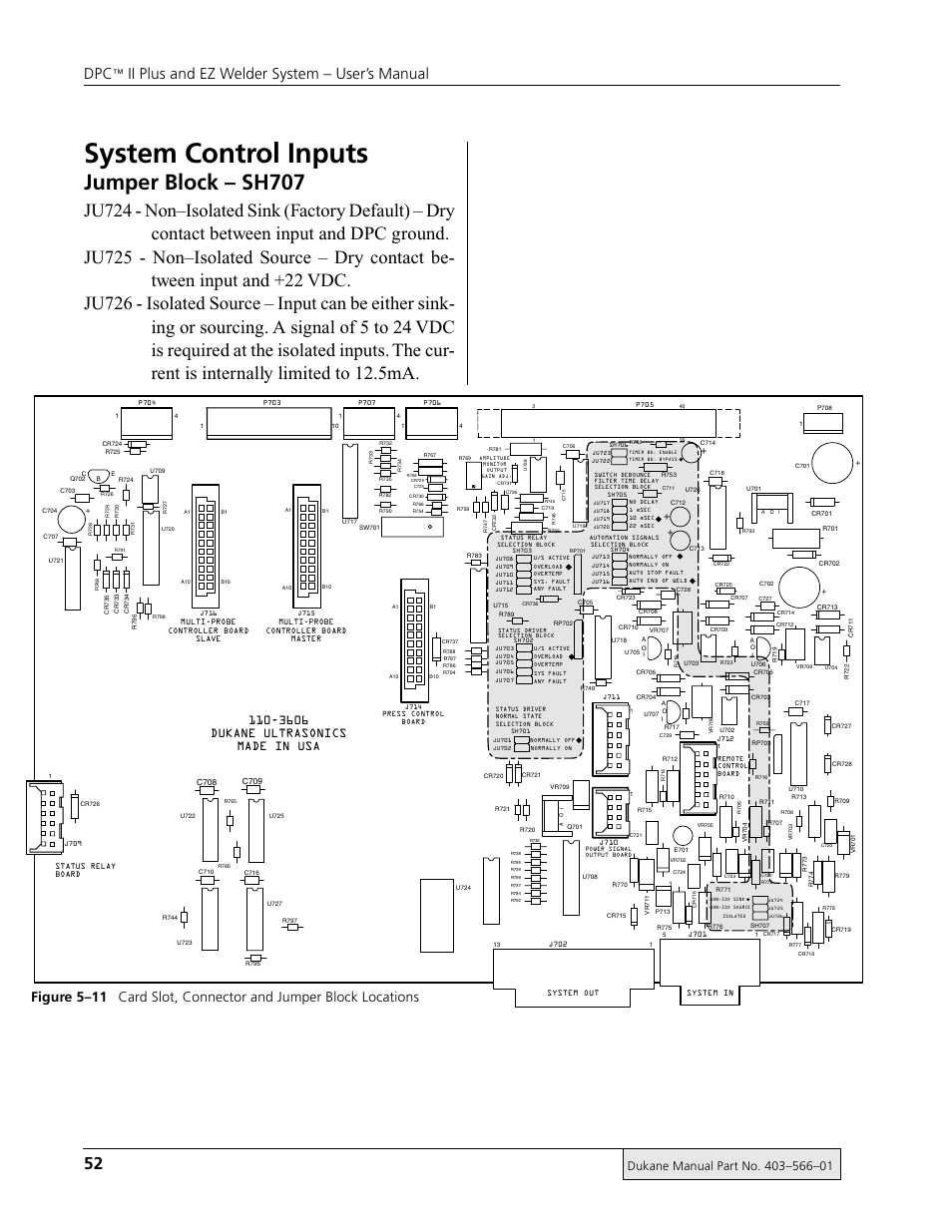 System control inputs, Jumper block – sh707, Ii plus and ez welder system – user’s manual | 3606 dukane ultrasonics made in usa | Dukane DPC II Plus 9001:2000 User Manual | Page 62 / 190