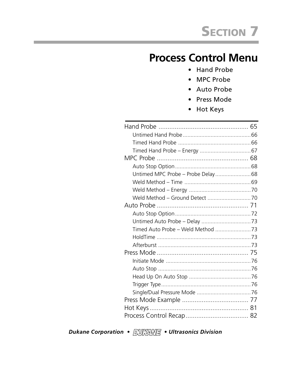 Process control menu, Ection | Dukane DPC II Plus 9001:2000 User Manual | Page 73 / 190