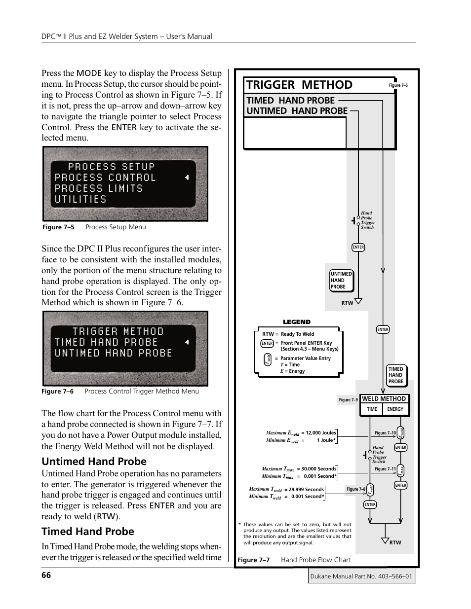 Trigger method, Untimed hand probe, Timed hand probe | Press the, And you are ready to weld, Mode, Enter | Dukane DPC II Plus 9001:2000 User Manual | Page 76 / 190