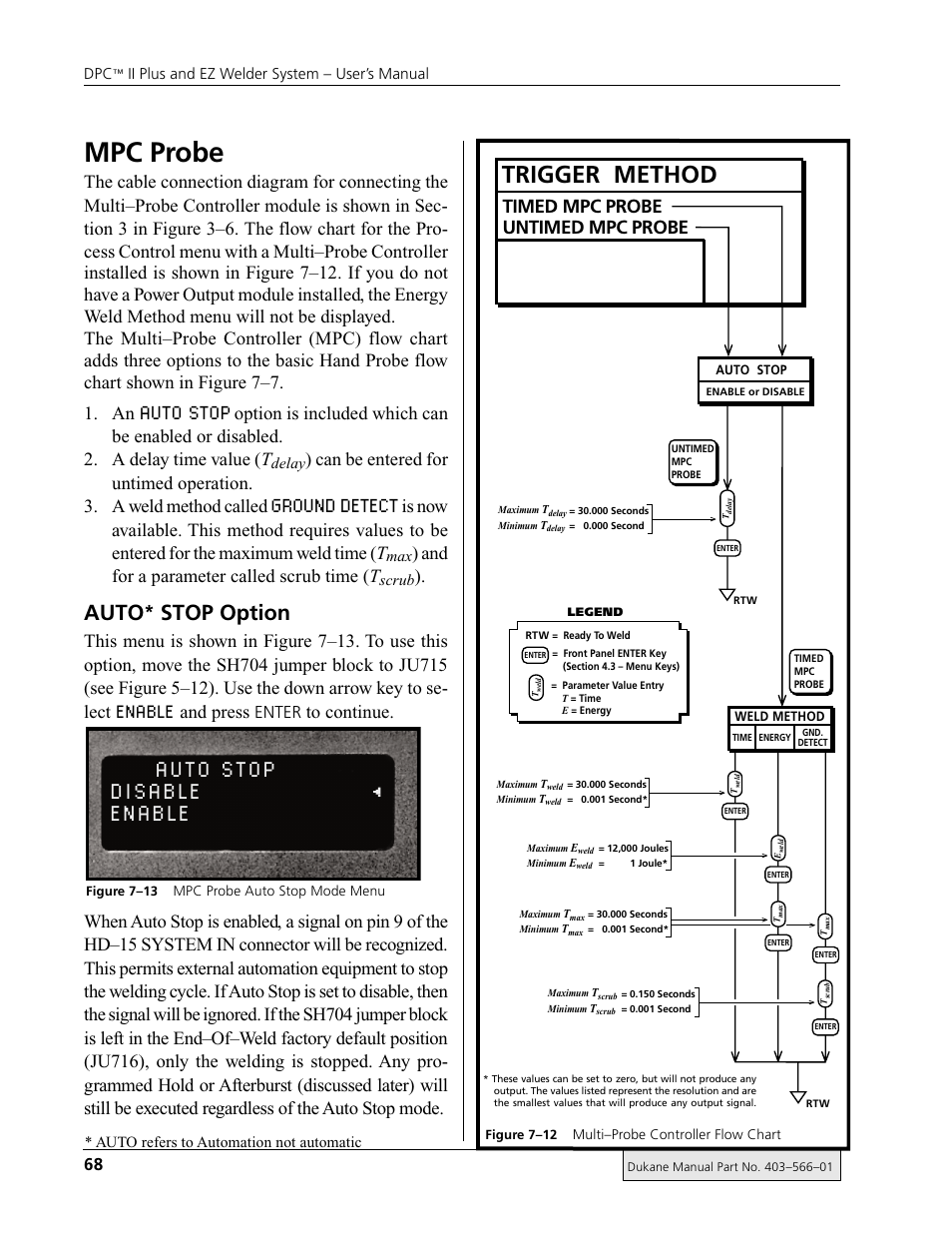 Auto stop disable enable, Auto stop, Ground detect | Mpc probe, Enable, Trigger method, Auto, Stop option, And for a parameter called scrub time ( t, And press | Dukane DPC II Plus 9001:2000 User Manual | Page 78 / 190