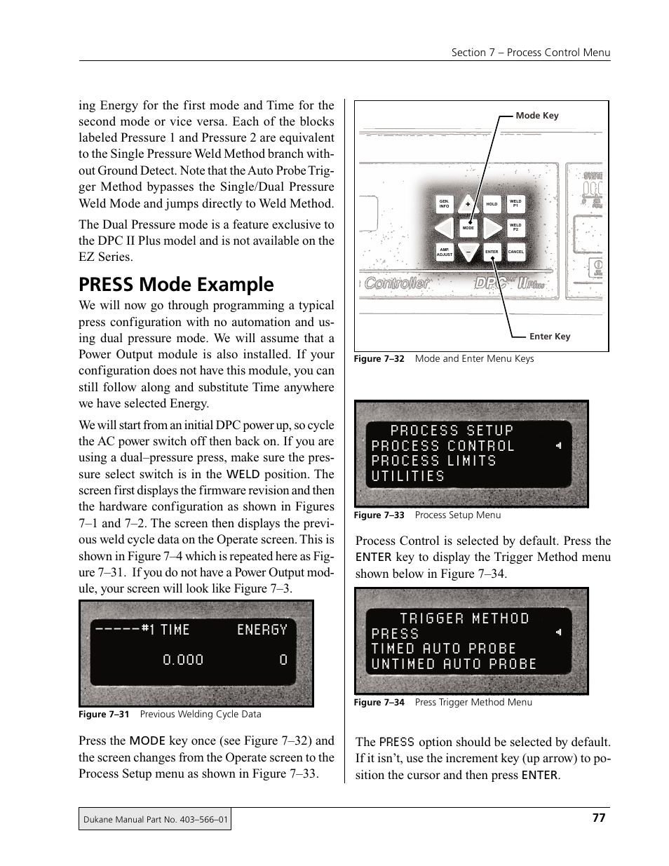 Press mode example, Press | Dukane DPC II Plus 9001:2000 User Manual | Page 87 / 190