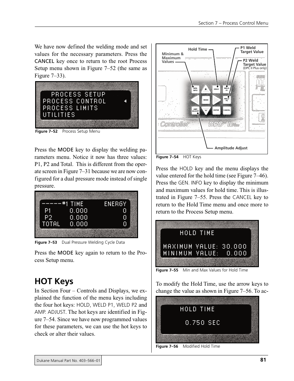 Hold time 0.750 sec, Hot keys | Dukane DPC II Plus 9001:2000 User Manual | Page 91 / 190