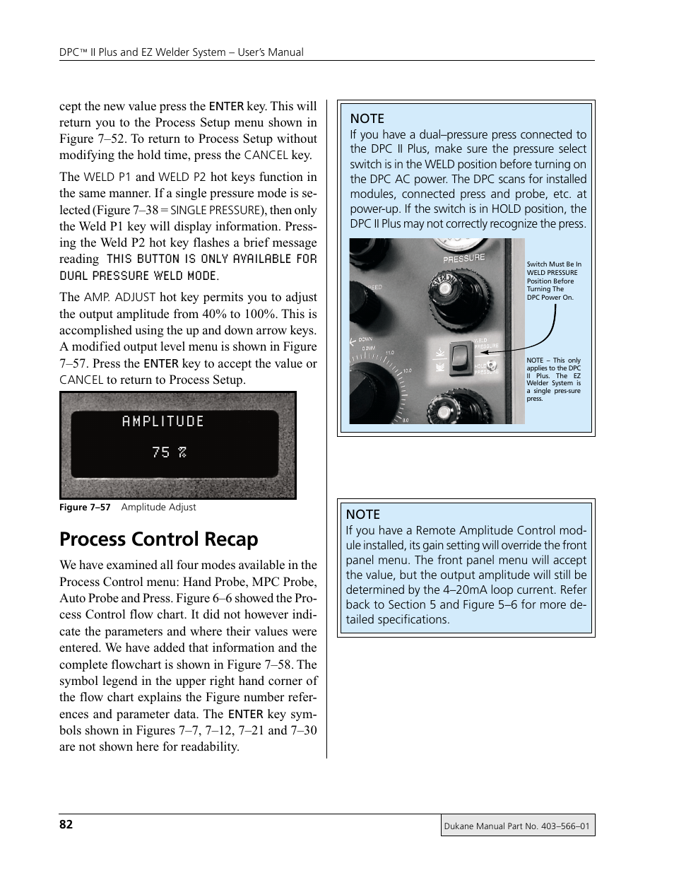 Amplitude 75, Process control recap | Dukane DPC II Plus 9001:2000 User Manual | Page 92 / 190