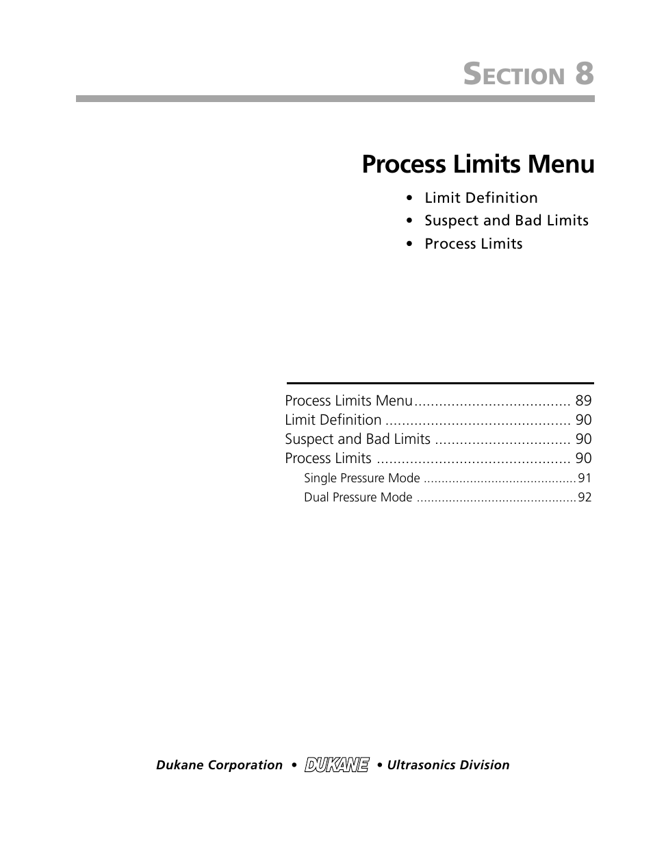 Process limits menu, Ection | Dukane DPC II Plus 9001:2000 User Manual | Page 97 / 190