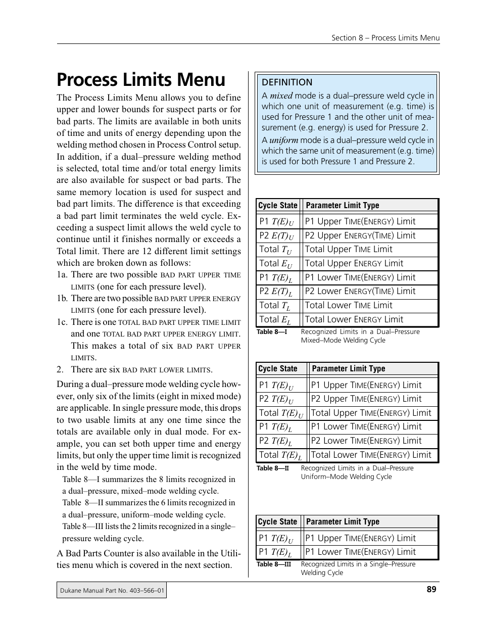 Process limits menu | Dukane DPC II Plus 9001:2000 User Manual | Page 99 / 190