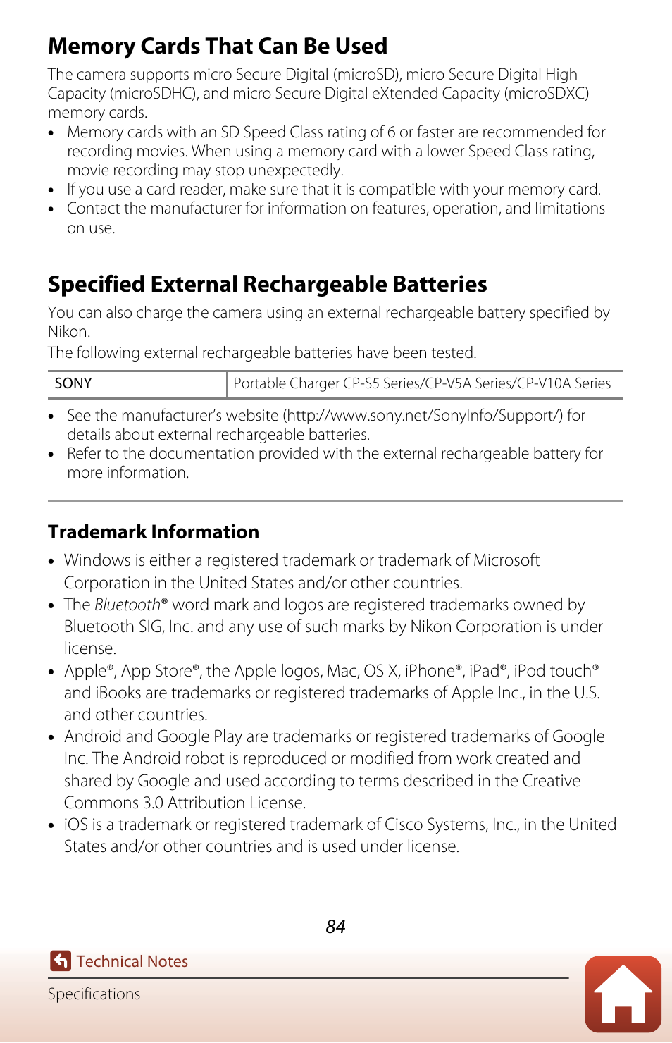 Memory cards that can be used, Specified external rechargeable batteries, Trademark information | Nikon KeyMission 80 User Manual | Page 100 / 104