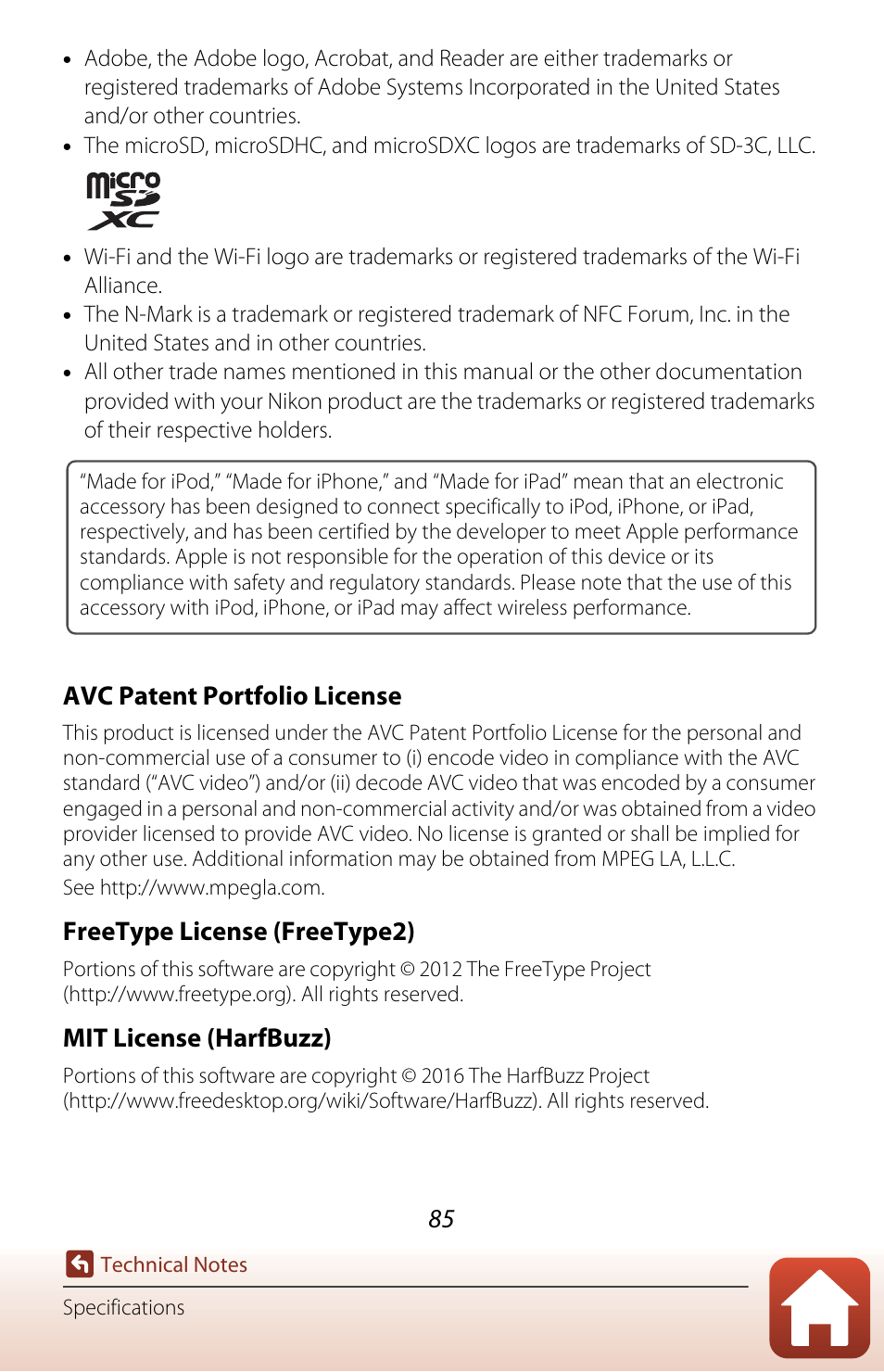 Avc patent portfolio license, Freetype license (freetype2), Mit license (harfbuzz) | Nikon KeyMission 80 User Manual | Page 101 / 104