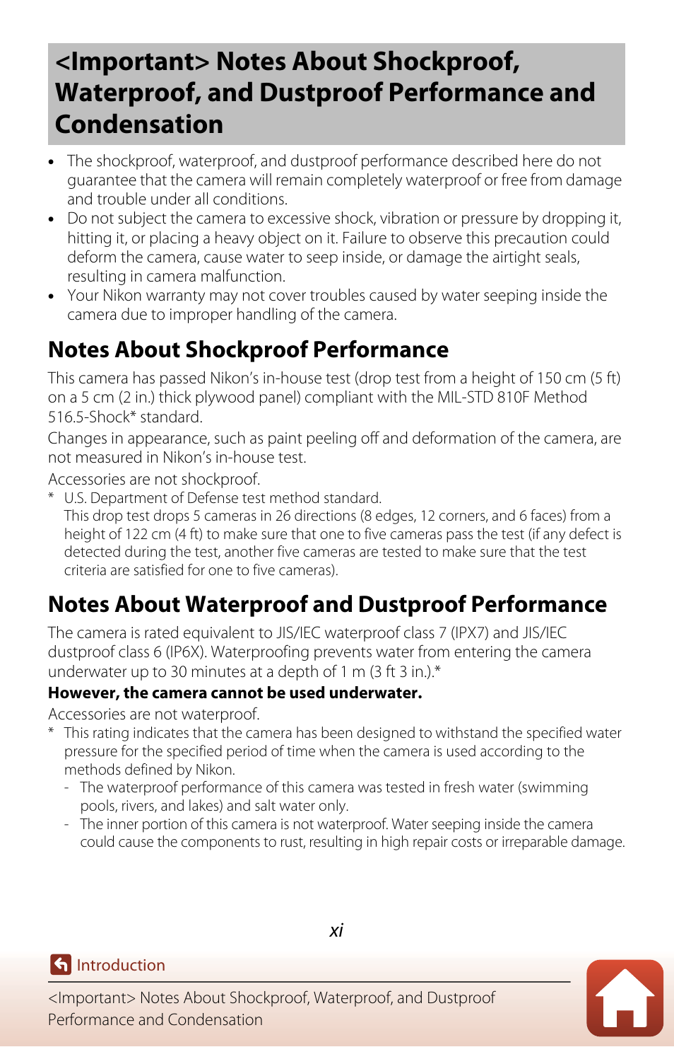 Notes about shockproof performance, Notes about waterproof and dustproof performance | Nikon KeyMission 80 User Manual | Page 11 / 104